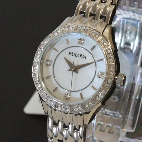 Bulova Ladies Crystal Bezel Watch MOP Dial Crystal Indicese 27mm - Picture 7 of 13